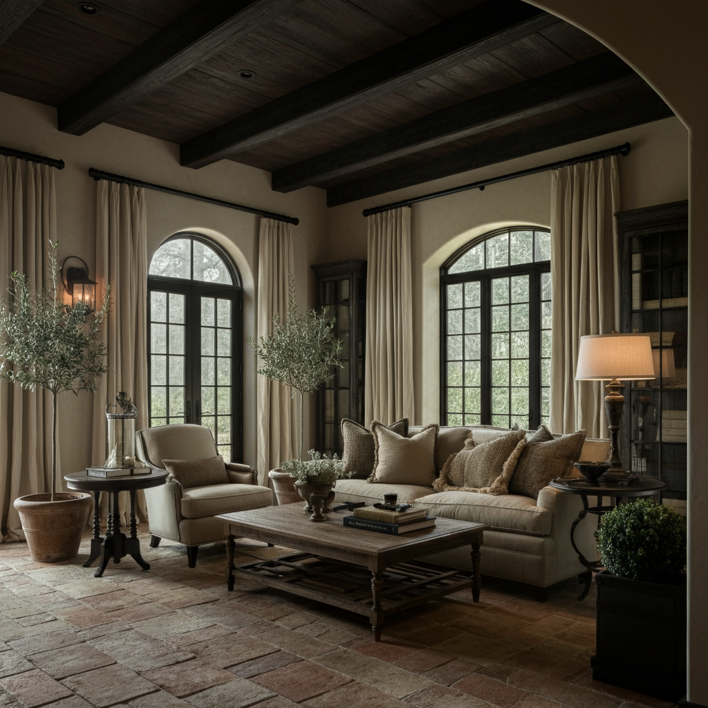 Mediterranean living room rafters